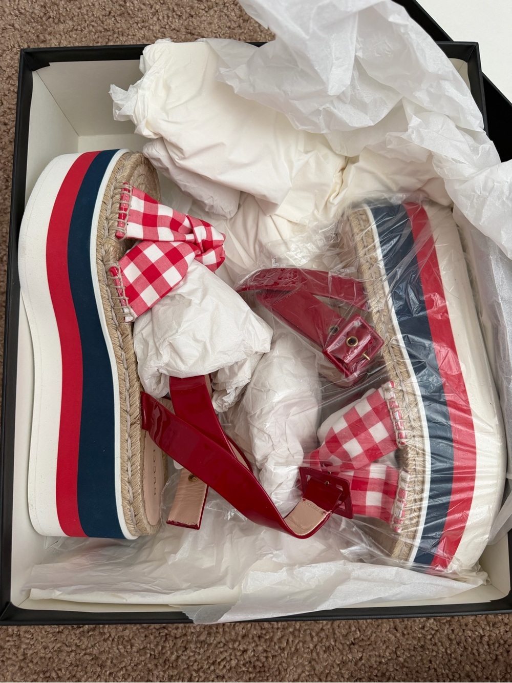 Gucci Women’s Red Gingham Platform Espadrille Sandals